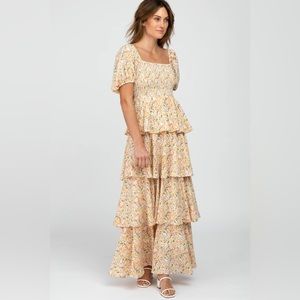 PinkBlush Yellow Floral Square Neck Ruffle Layered Maxi Dress